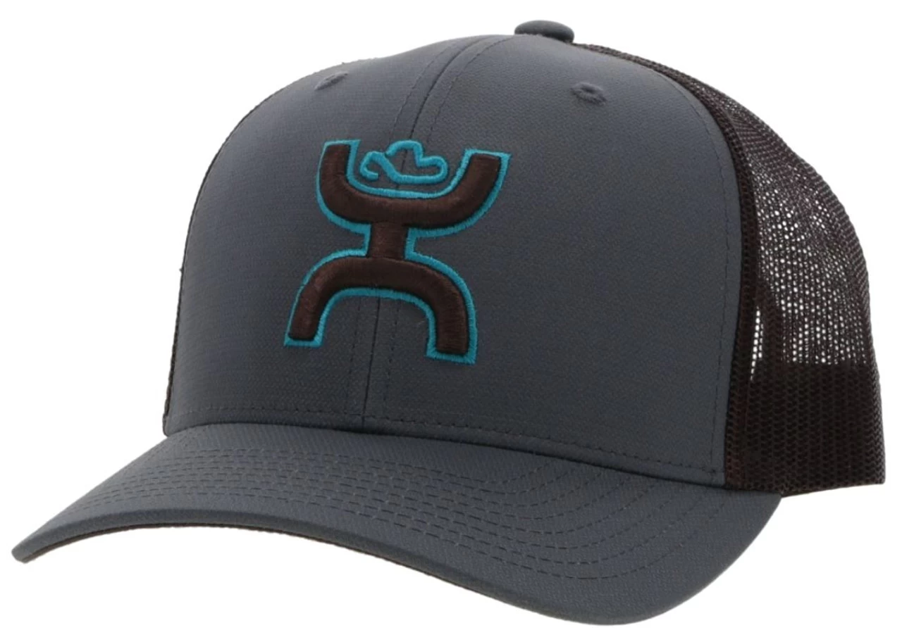 Hooey Men's Sterling Grey/Brown 6 Panel Trucker Cap With Brown/Teal Hooey Logo