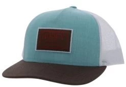 Hooey Men's Doc Blue And White 5 Panel Trucker Cap With Brown/Red Rectangle Patch