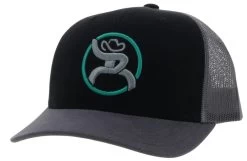 Hooey Men's Strap Black/Grey 6 Panel Trucker Cap With Grey/Turquoise Circle Hooey Patch