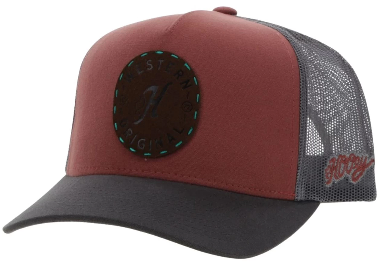 Hooey Men's Spur Salmon/Grey 5 Panel Trucker Cap With A Brown Circle Patch