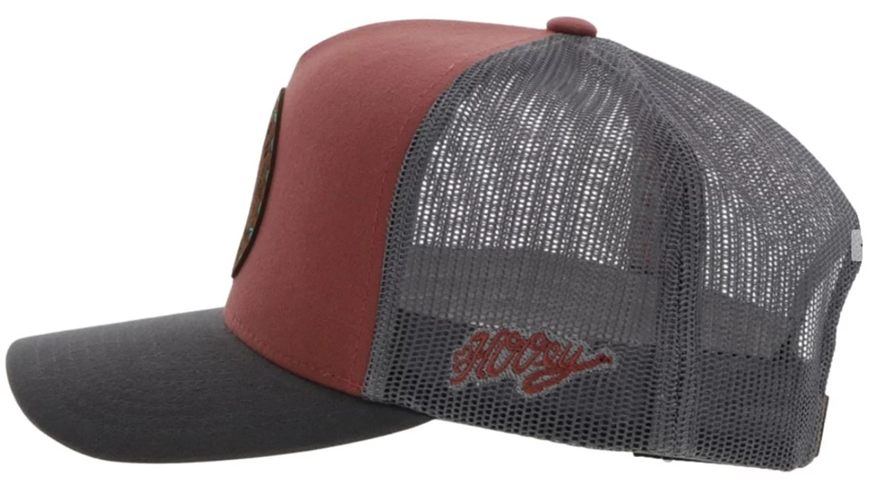 Hooey Men's Spur Salmon/Grey 5 Panel Trucker Cap With A Brown Circle Patch - Image 2