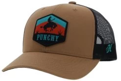 Hooey Men's Punchy Tan/Black 6 Panel Trucker Cap With A Blue/Red/Plack Hexagon Patch