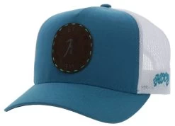 Hooey Men's Spur Teal/White 5 Panel Trucker Cap With Brown Circle Patch