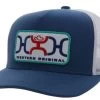 Hooey Men's Loop Blue/White 5 Panel Trucker Cap With White/Navy/Red Rectangle Patch