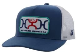 Hooey Men's Loop Blue/White 5 Panel Trucker Cap With White/Navy/Red Rectangle Patch