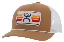 Hooey Men's Sunset Tan/White 5 Panel Trucker Cap With Red/White/Yellow Rectangle Patch