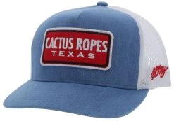 Hooey Men's Cactus Ropes Denim/White 5 Panel Trucker Cap With Red/Black/White Rectangle Patch